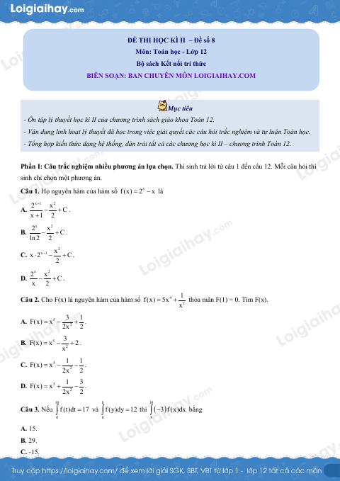 Đề thi học kì 2 Toán 12 - Đề số 8